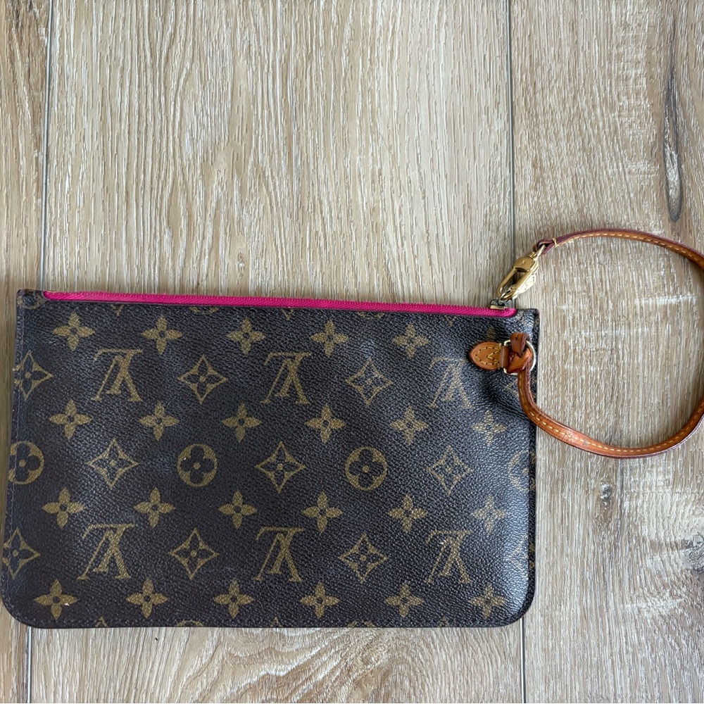 Louis Vuitton Brown Monogram Wristlet with Pink Trim
